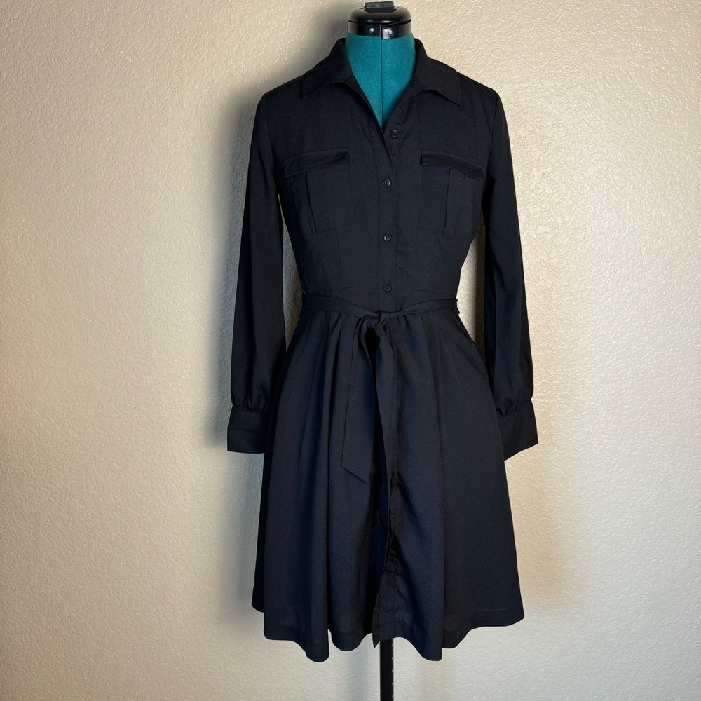 Black mini dress Sz XS long sleeve button down feminine and elegant with sash.